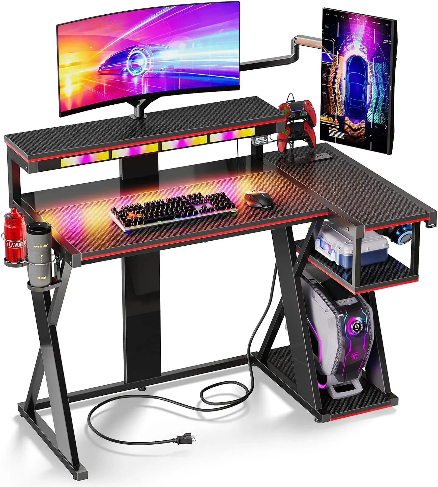 Bestier Computer Desk with Music Sync Light, Flow Vibe Corner Desk with Monitor Stand and PS5 Storage Shelves, Cup Holders, and Headset Hooks for Bedroom Small Space (Black Red, 42 Inch)