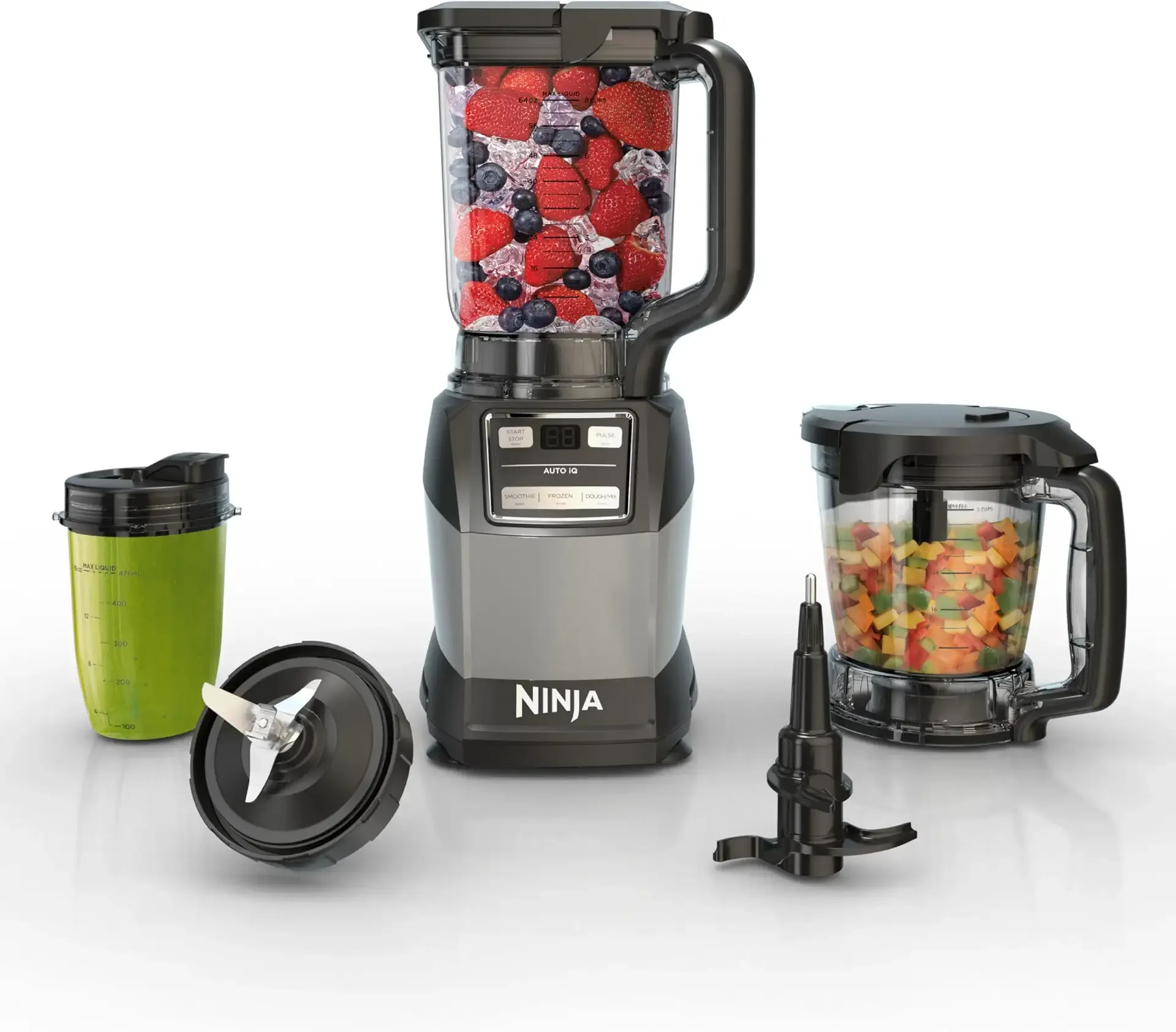 Ninja Blender, Compact Kitchen System, 1200W, 3 Functions for Smoothies, Dough & Frozen Drinks with Auto-IQ, 72-oz.* Blender Pitcher, 40-oz. Processor Bowl & 18-oz. Single-Serve Cup, Grey, AMZ493BRN