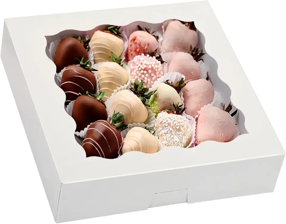 Moretoes 35pcs Bakery Boxes, 10x10x2.5 Inches Auto-Popup Cookie Boxes with Window for Pie, Cookie Cake, Treats, Pastries, Chocolate Covered Strawberries