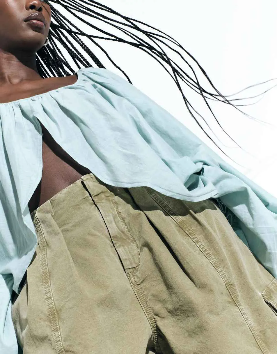 ASOS DESIGN pleated waistband detail trouser in washed khaki