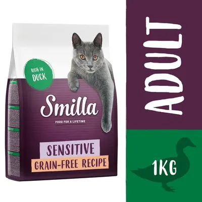 Testez-les : croquettes Smilla 1 kg pour chat Adult Sensitive sans céréales, canard