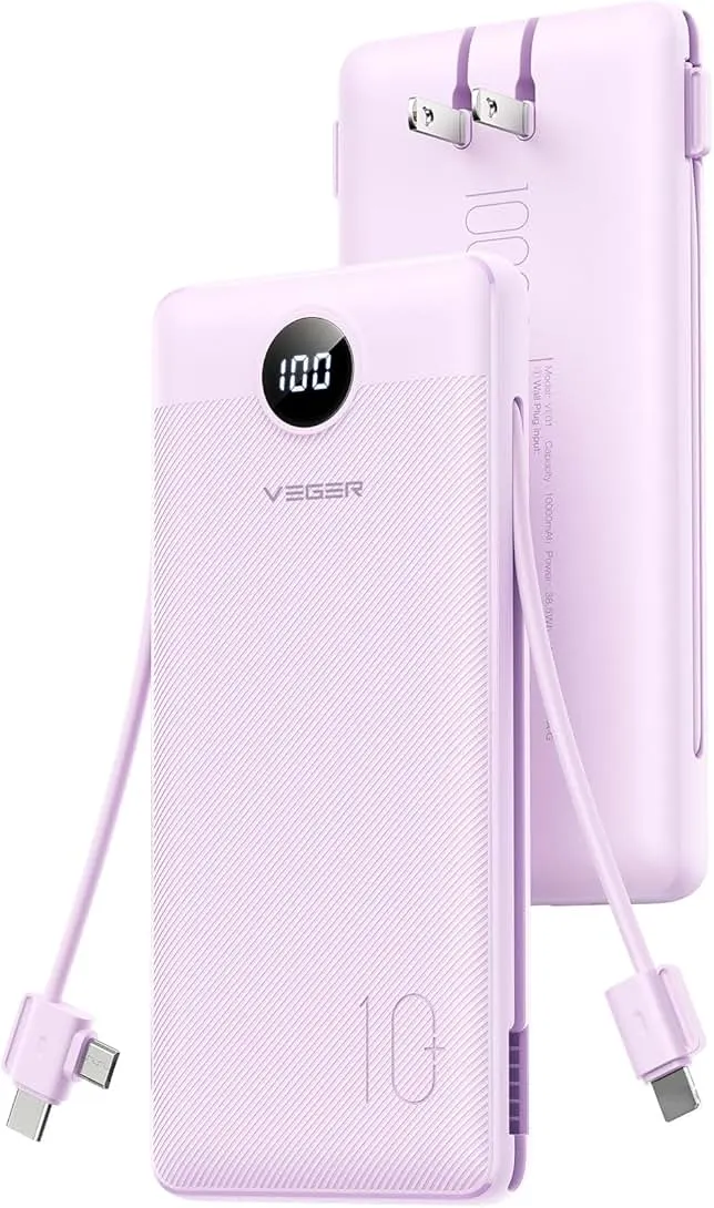 VEGER Portable Charger, 10000mAh Power Bank Built in Wall Plug and Cables | Ultra Slim, Charging 4 Devices Once, Travel Essentials, USB C Battery Pack for iPhone, iPad, Samsun…