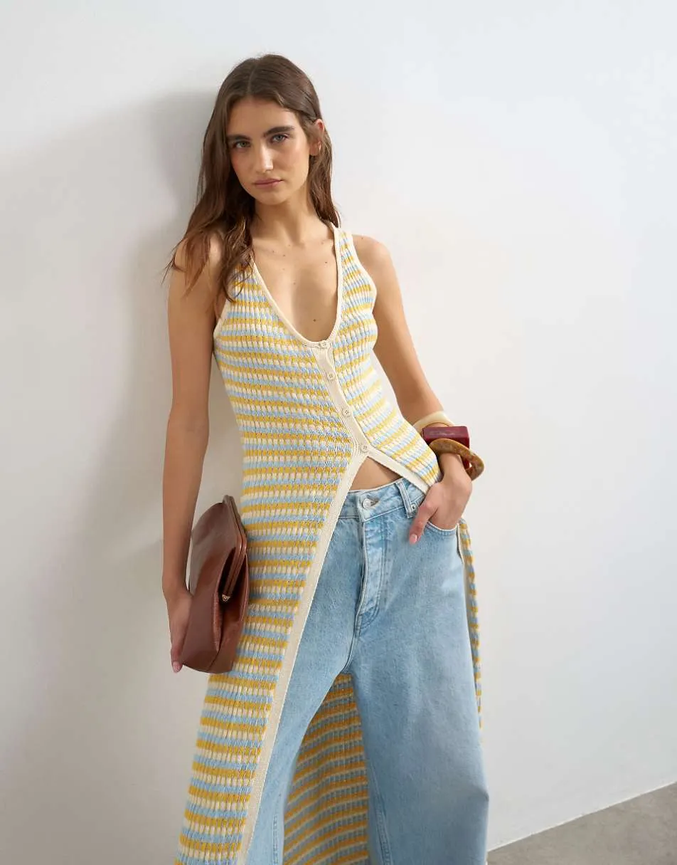 Topshop knitted pleated long line cardi in multi