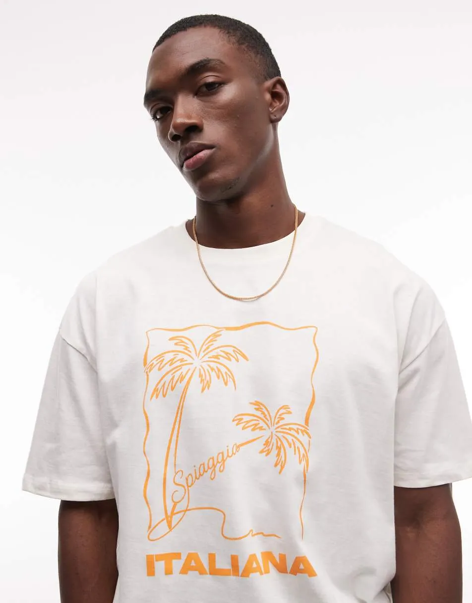 ASOS DESIGN boxy oversized t-shirt with palm tree graphic in cream