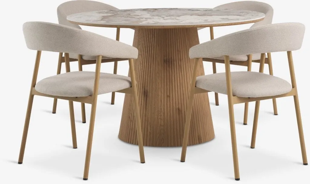 KLIPLEV Tavolo Ø120 effetto marmo/rov.nat. + 4 EJSING beige