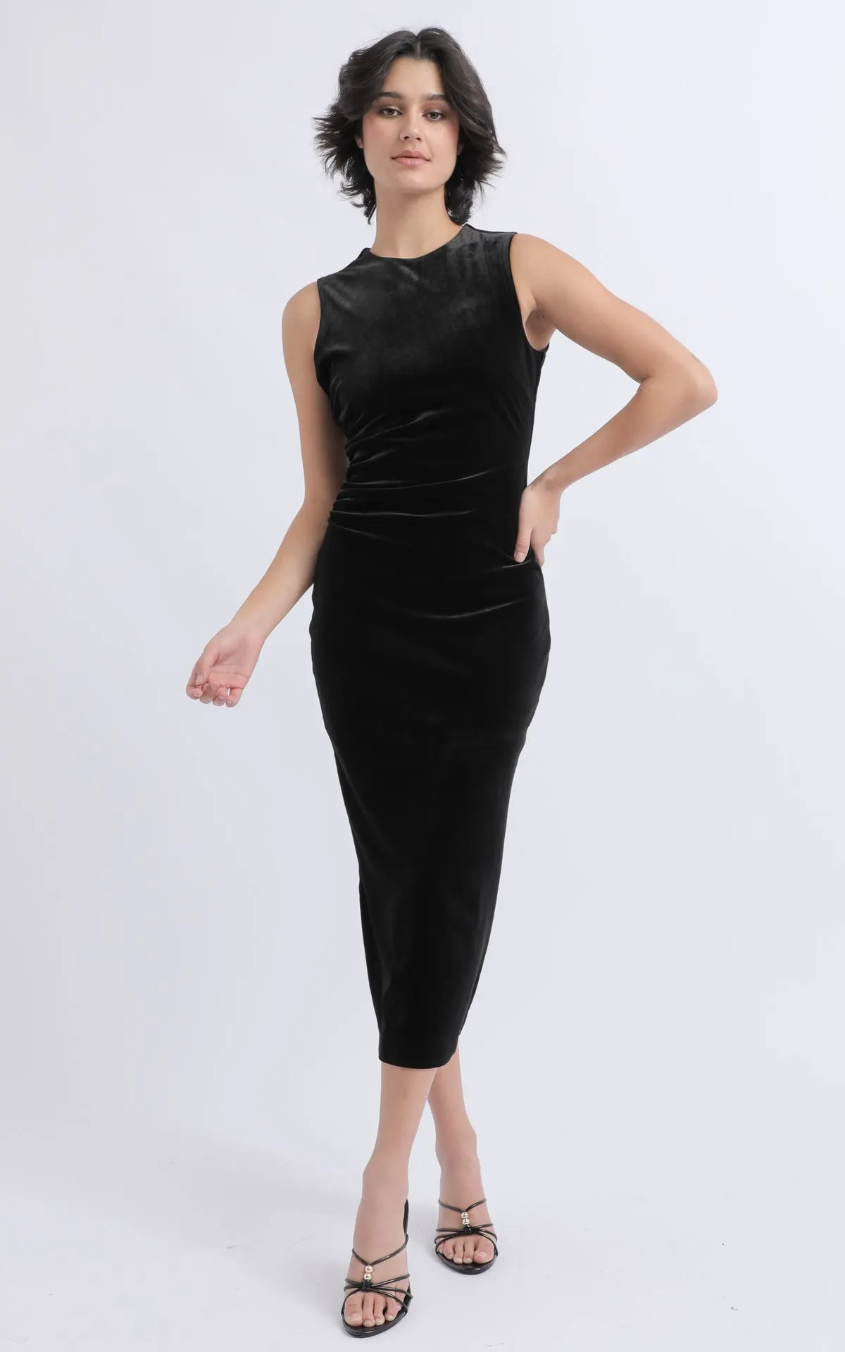 Velvet Ruched Waist Midi Dress