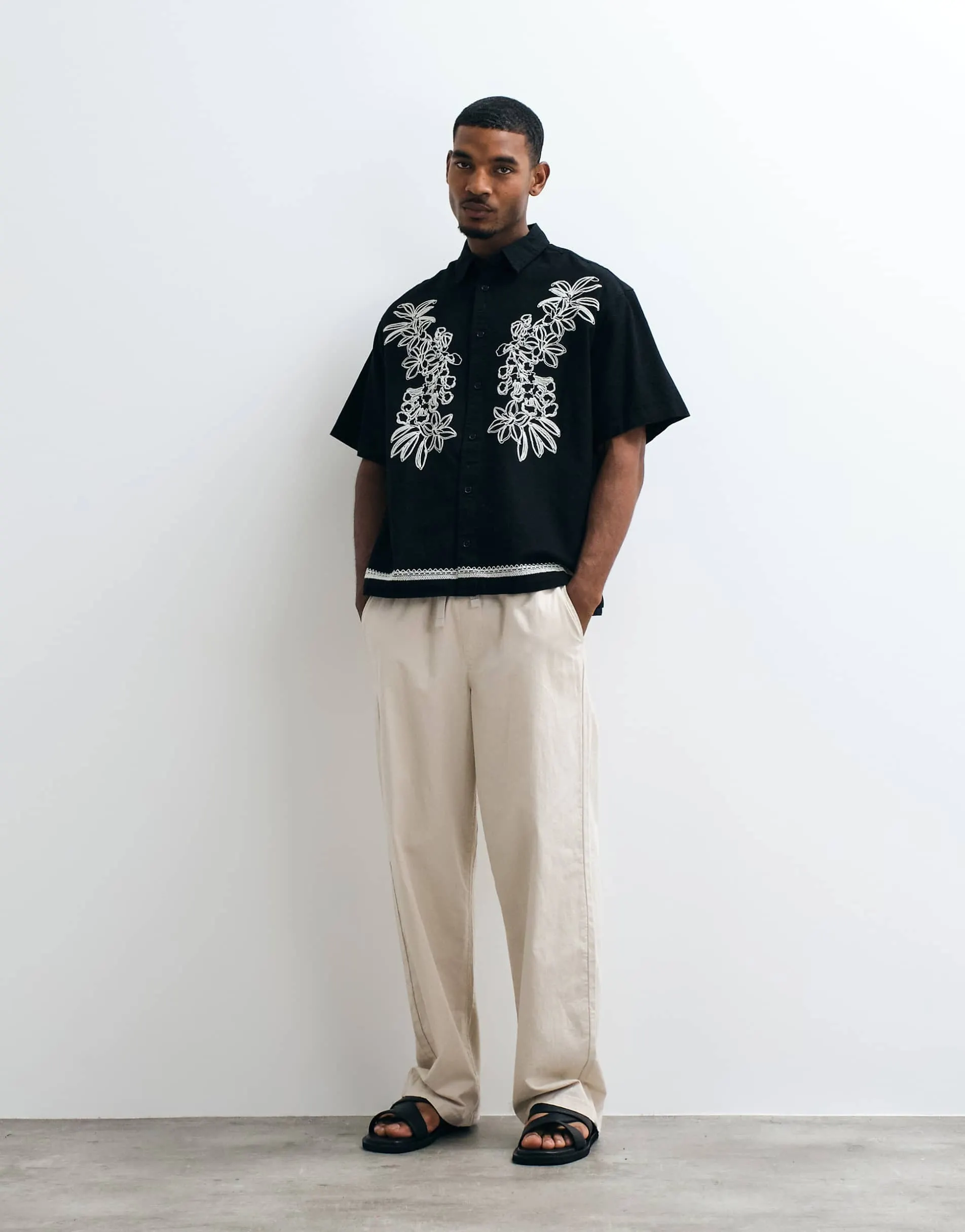 ASOS DESIGN oversized shirt with linen and floral embroidery in black