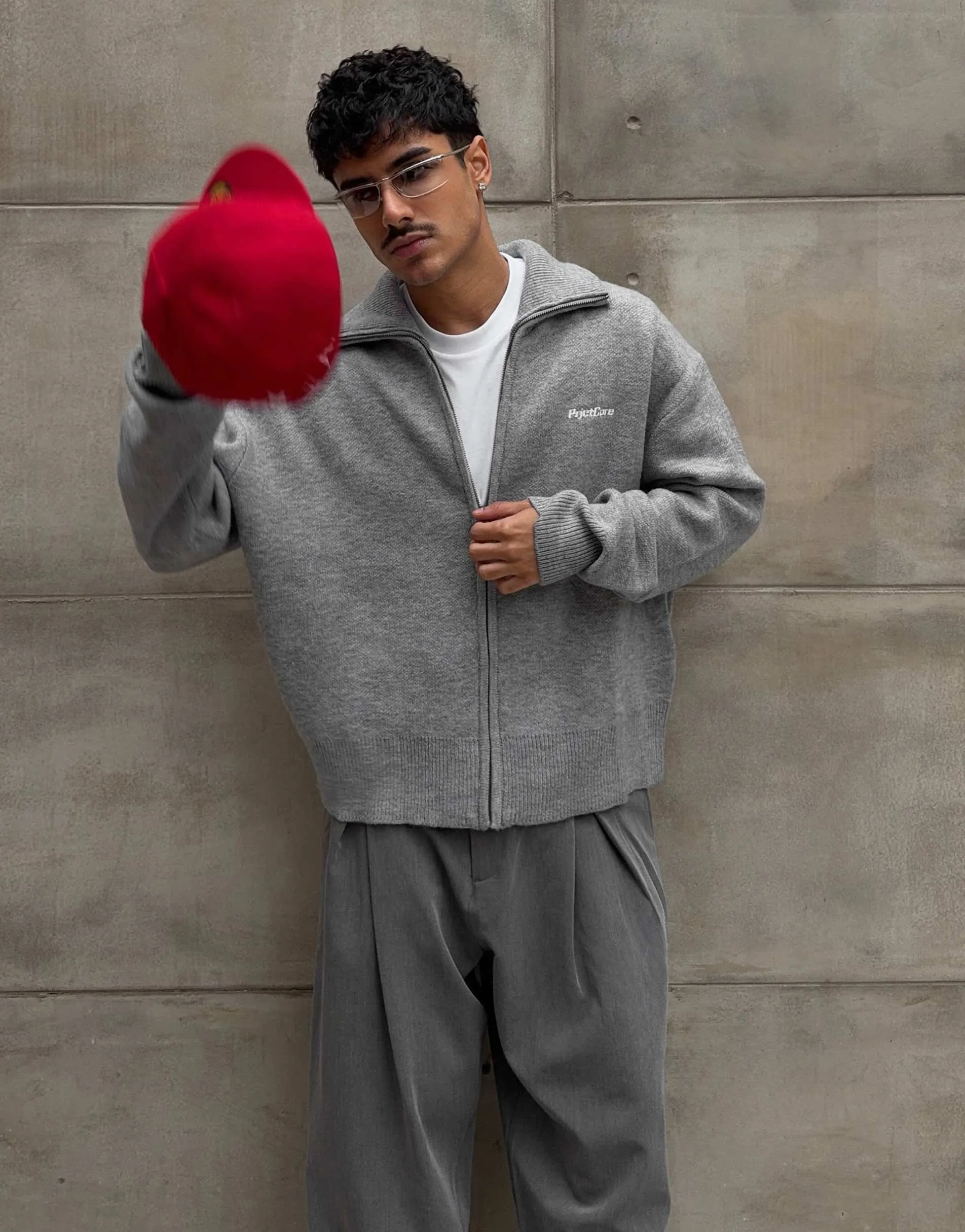 Bershka Boxy zip-up knit jacket in grey