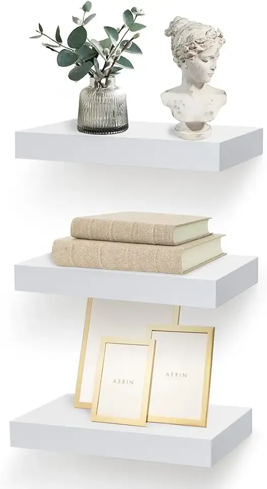 White Floating Shelves Set of 3 - Modern Wall Mounted Shelves for Living Room, Bedroom, Bathroom, Kitchen, Office - Space-Saving and Decorative Storage Solution