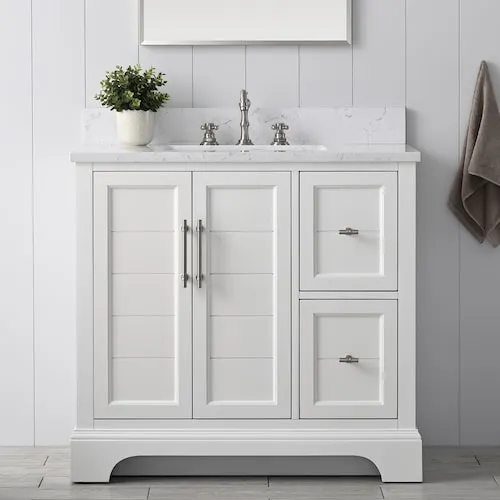 Chambery 36 inch W Bathroom Vanity in White with Engineered Marble Top in White