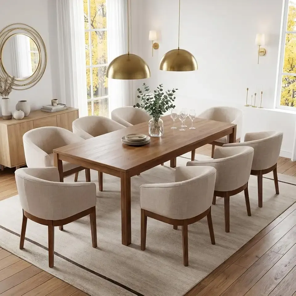 Mid-Century Modern Beige Dining Chairs Set of 8, Linen Upholstered Kitchen Dining Room Chairs with Natural Wood Legs, Curved Backrest Armchairs, Beige