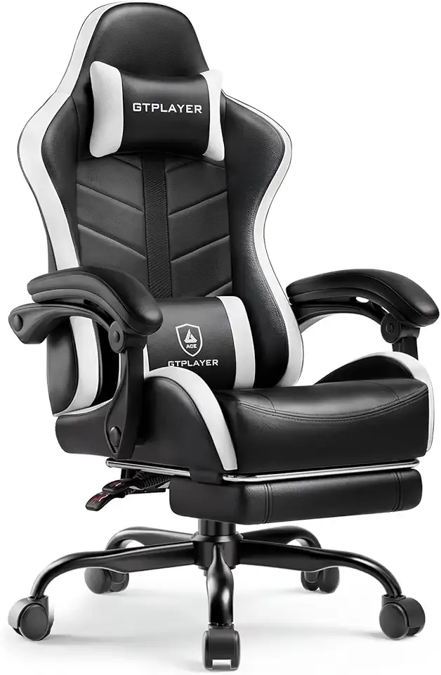 GTPLAYER Gaming Chair for Adults, Ergonomic Computer Gaming Chair with Footrest, Height Adjustable, 90-155° Recline & Removable Headrest Lumbar Support, Snow White