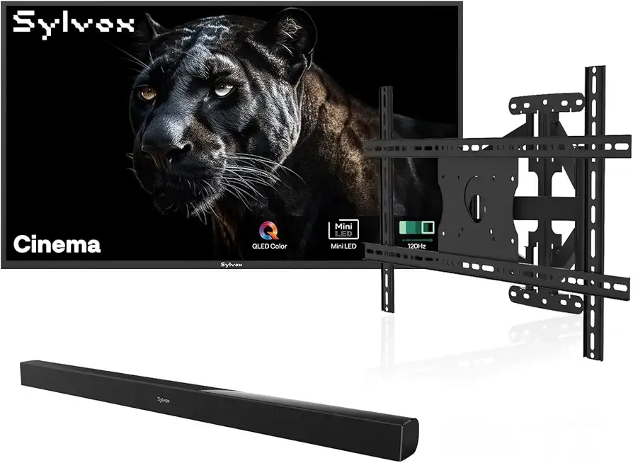 SYLVOX 65 inch Outdoor Mini-LED QLED TV with Wall Mount & Soundbar, 4K UHD, 2000 Nits Full Sun, Anti-Glare Screen, 120Hz, IP56 Waterproof, Dual 30W Dolby Atmos Speaks (Cinema/2025)