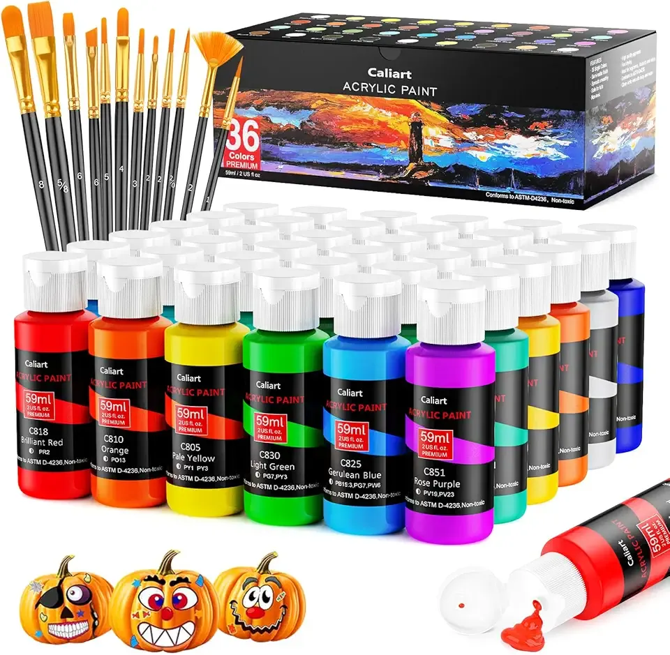 Caliart Acrylic Paint Set with 12 Brushes, 36 Colors (59ml, 2oz) Art Craft Paints Gifts for Artists Adults Beginners Painters, Halloween Pumpkin Canvas Ceramic Wood Rock Painting Kit Art Supplies