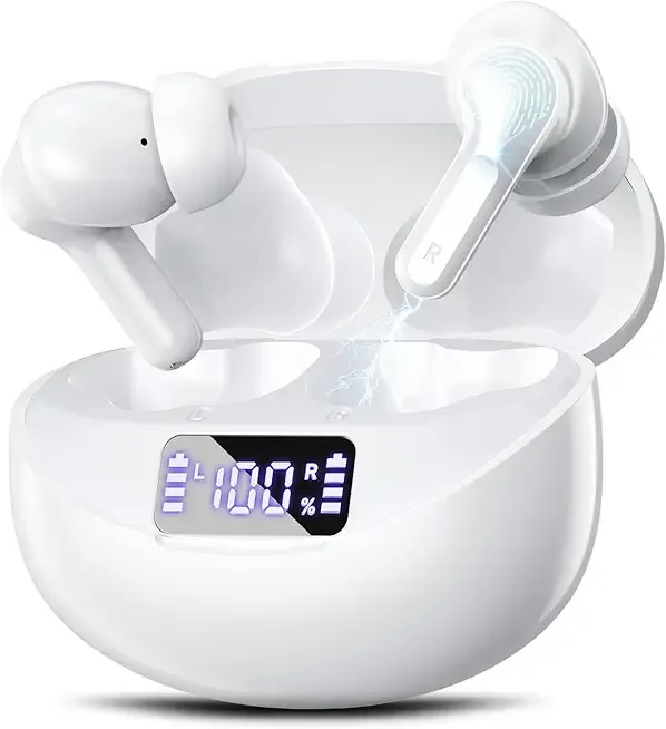 Wireless Earbuds, Bluetooth 5.4 HiFi Stereo Headphones with Noise Cancelling Mic, 50H Playback in Ear Buds with LED Digital Display, IPX7 Waterproof Earphones for Office/Running/Workout White