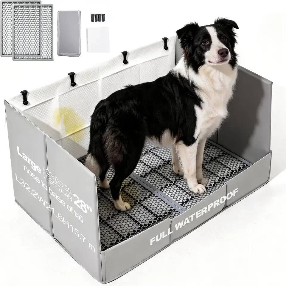 HQ4US 4LEGS Dog Litter Box with High Walls & Grate, Foldable Pee Pad Holder Tray Indoor Dog Potty for Puppy & Medium Dogs, Seamless, No Assembly, Waterproof, Easy Clean, No Spill, Portable for Travel