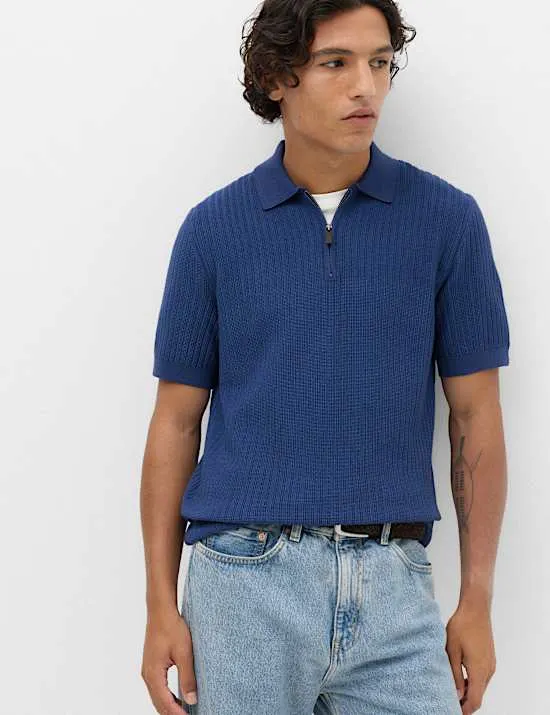 Geripptes Poloshirt aus Baumwollmischgewebe und Reißverschluss