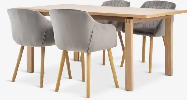 MEJLSKOV L180 tafel naturel eiken + 4 ADSLEV velvet grijs