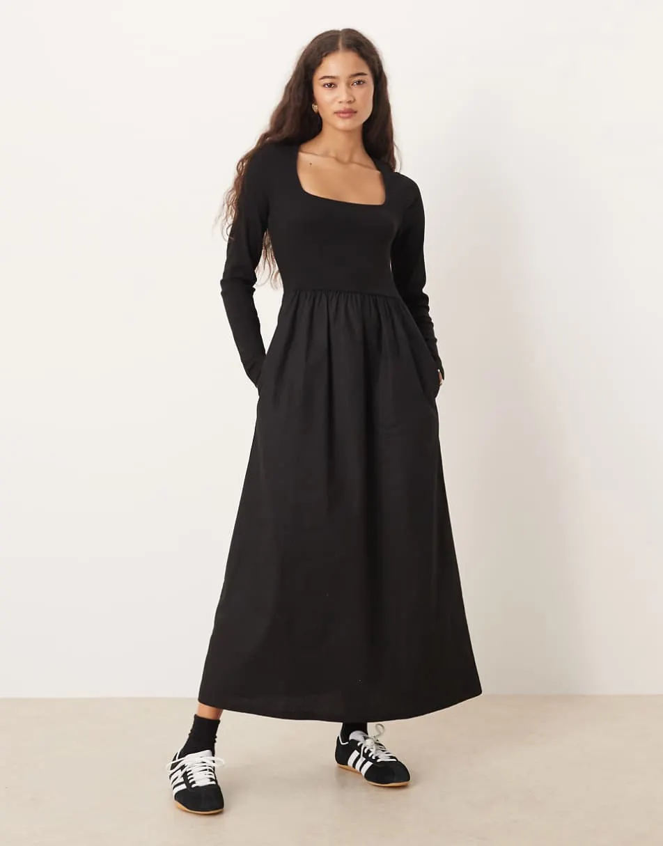 Threadbare long sleeve square neck midi dress with poplin skirt in black