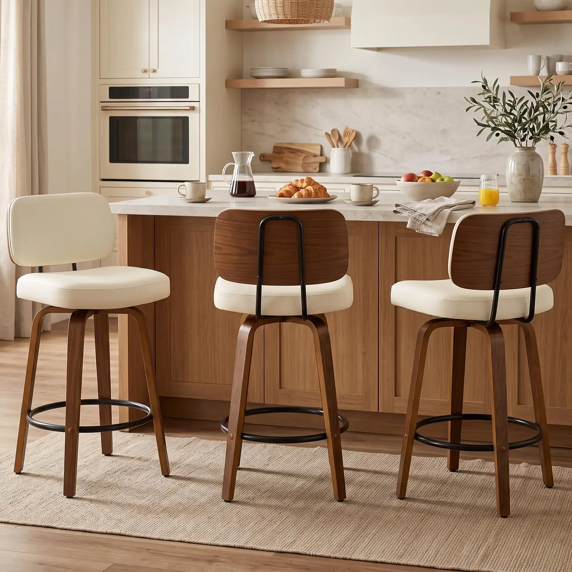 Counter Height Bar Stools Set of 3, 26+inch Swivel Faux Leather Barstool with Back, Upholstered Mid-Century Modern Bar Chairs with Bent Wood Legs for Kitchen Counter, Dining Room, Cream White