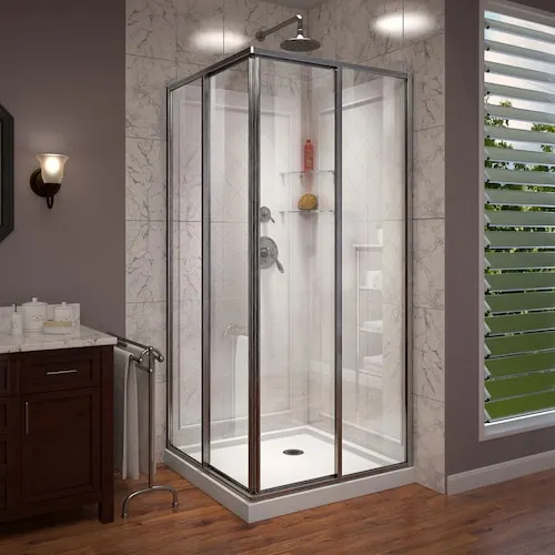 Cornerview 36 in. D x 36 in. W x 76.75 in. H Square Corner Shower Kit Enclosure with Wall Surround, Two Glass Shelves, Corner Drain Base & Clear Glass Sliding Door in Brushed Nickel