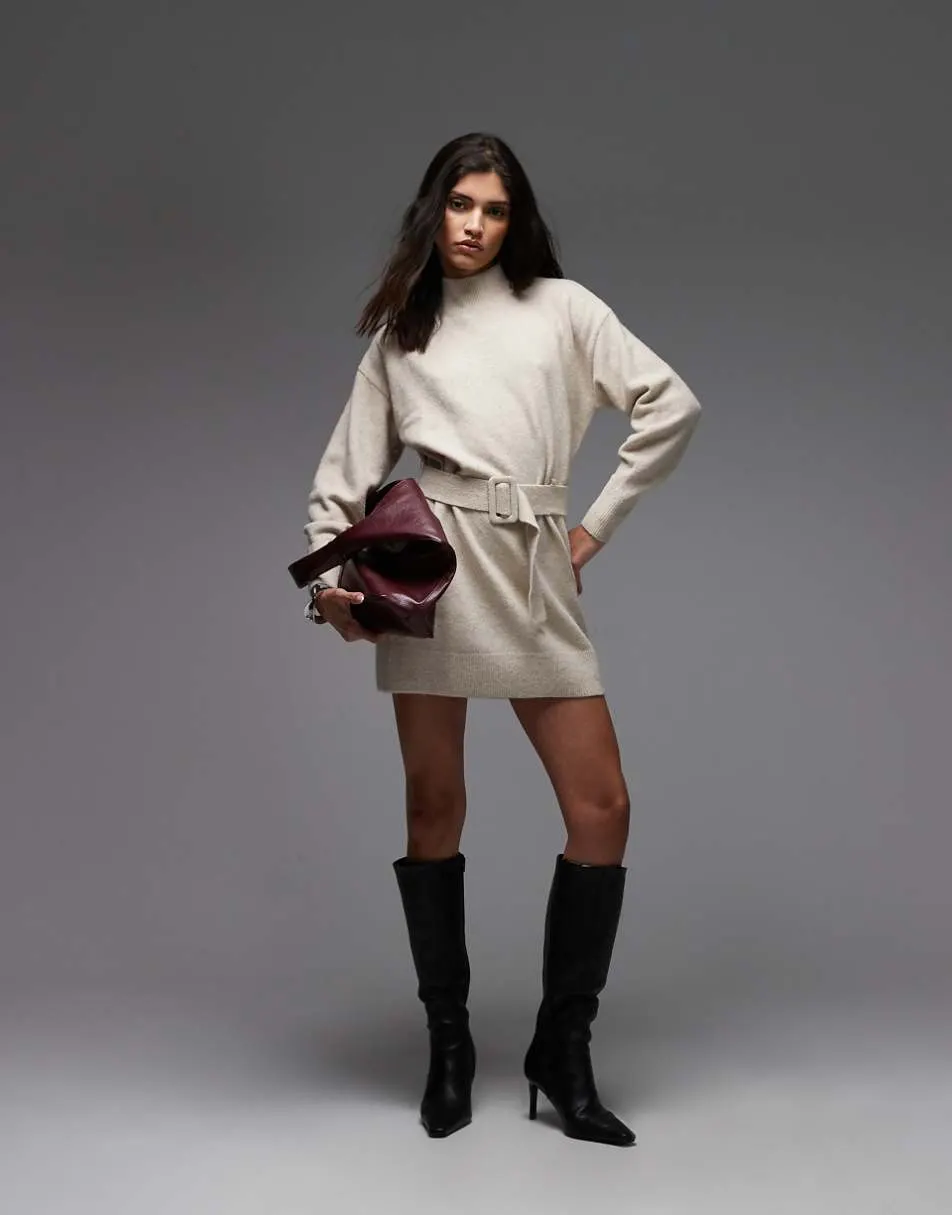 & Other Stories belted knitted dress in light beige