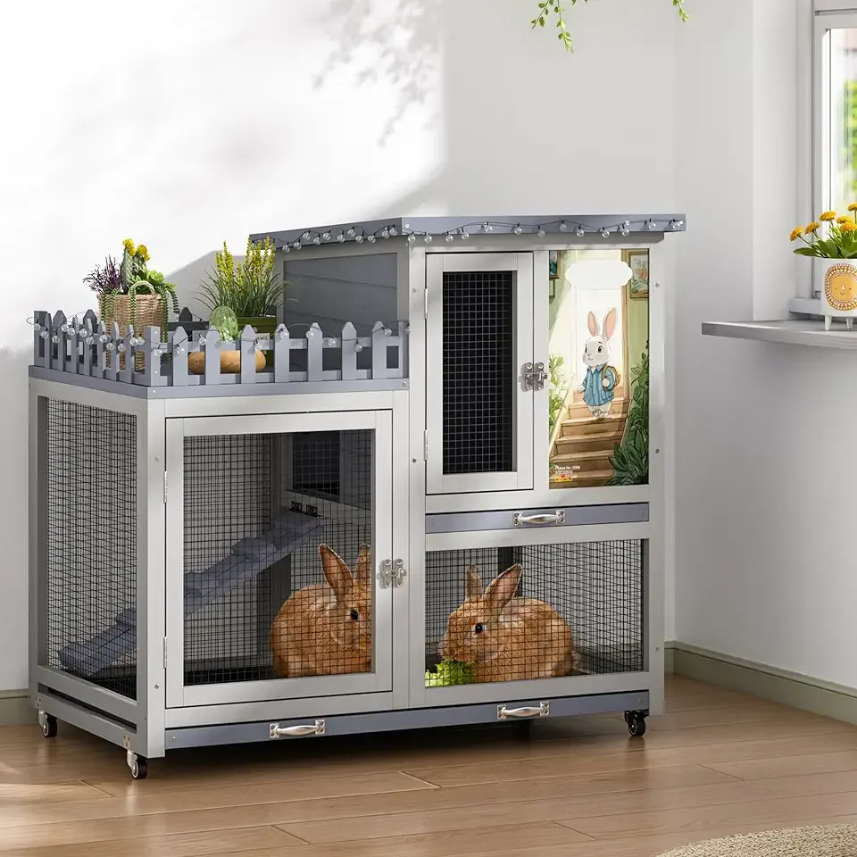 Wood Rabbit Hutch with Balcony - Small Animal House Bunny Cage on Wheels for Indoor Outdoor, Rabbit Cage Included Ramp, Pull Out Tray, (Grey with Pattern)