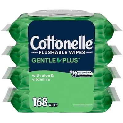 GentlePlus Flushable Wipes, Aloe & Vitamin E, 4 Packs, 168 Total Wipes