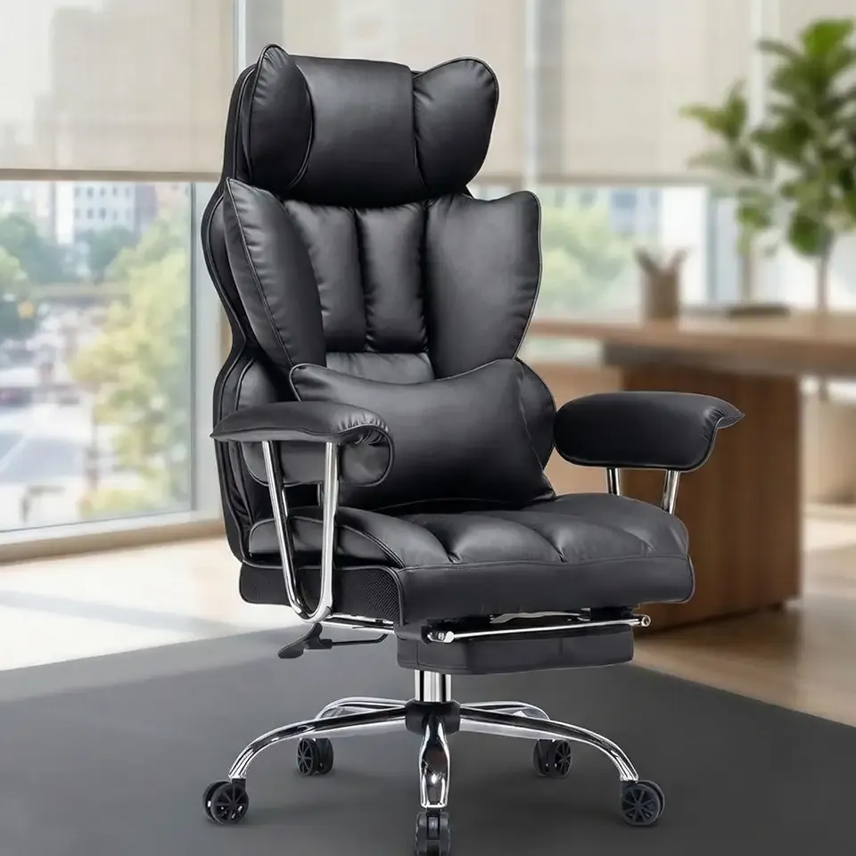 Efomao Big and Tall Office Chair, High Back Leather Gaming Chair with Footrest, Executive Office Chair with Lumbar Support and with Outward Fixed Soft Armrests, Computer Chair, Black