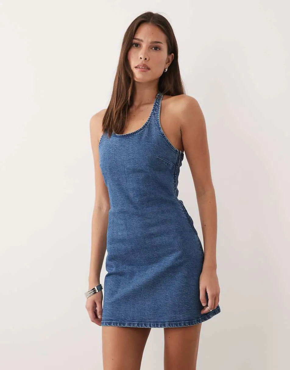 ASOS DESIGN denim halter neck stretch mini dress in vintage blue