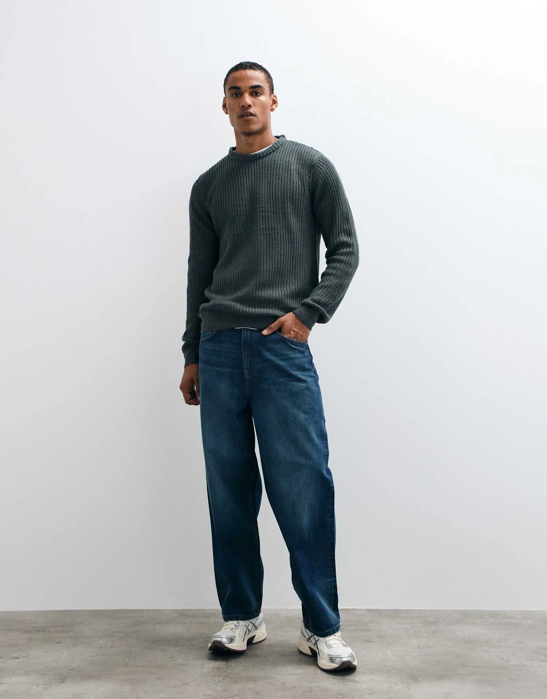 Brave Soul knitted crew neck jumper with ribbed cuffs and hem in sage green