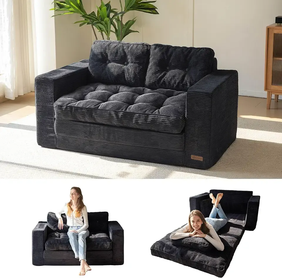 MAXYOYO Convertible Sofa Bed, Pull Out Loveseat Sleeper Sofa, 2 in 1 Folding Couch Bed, Fold Out Floor Couch with Pillows for Living Room Bedroom Lounge, Black