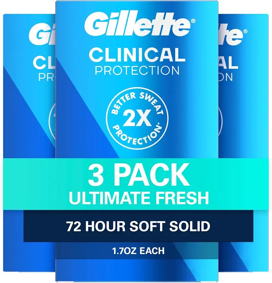 Gillette Clinical Antiperspirant and Deodorant for Men, 72hr Sweat & Odor Protection, Long Lasting Freshness, Anti-White Mark Technology, Soft Solid, Ultimate Fresh Scent, 1.7 oz (Pack of 3)