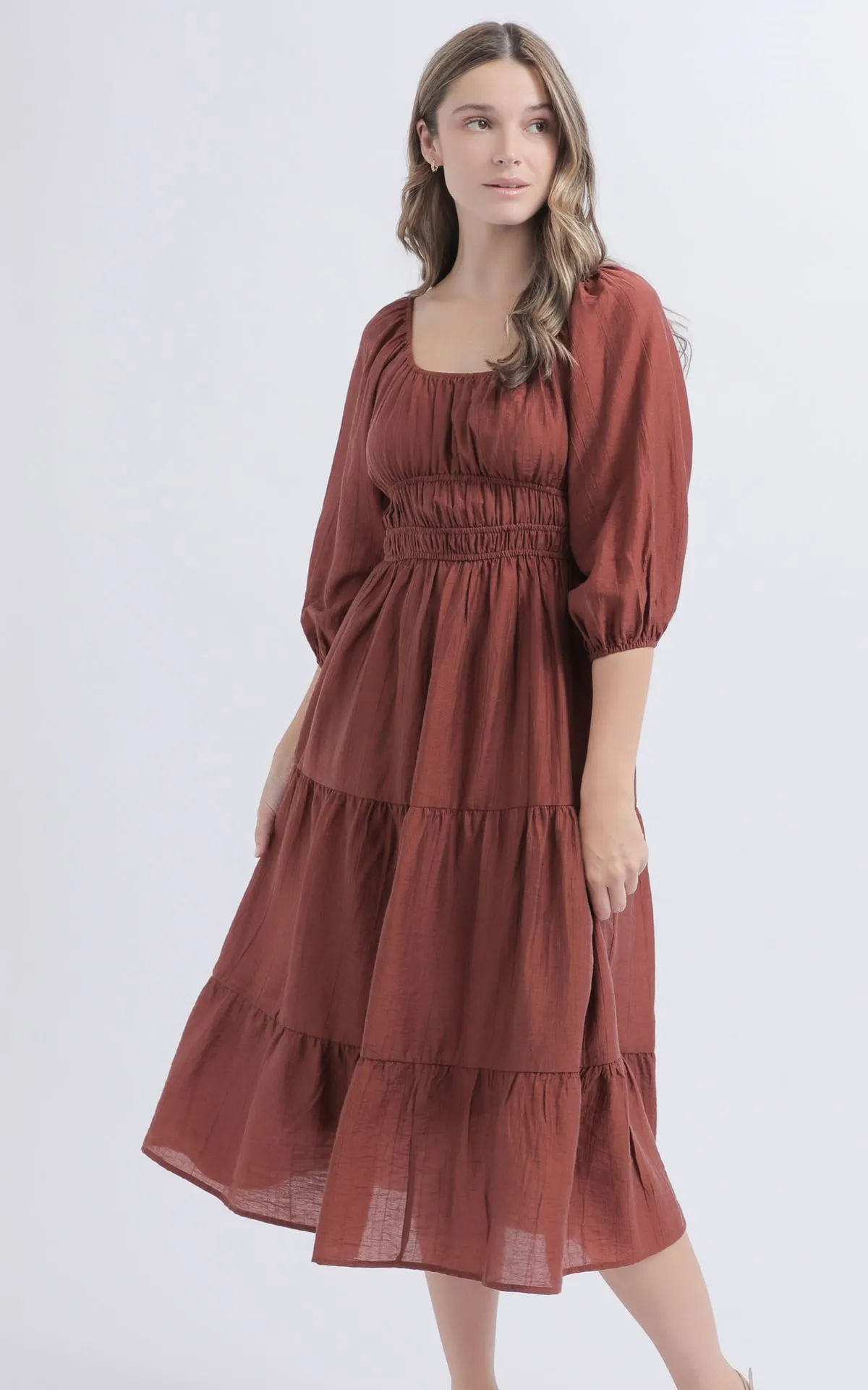 Voile Ruched 3/4 Slv Midi Dress