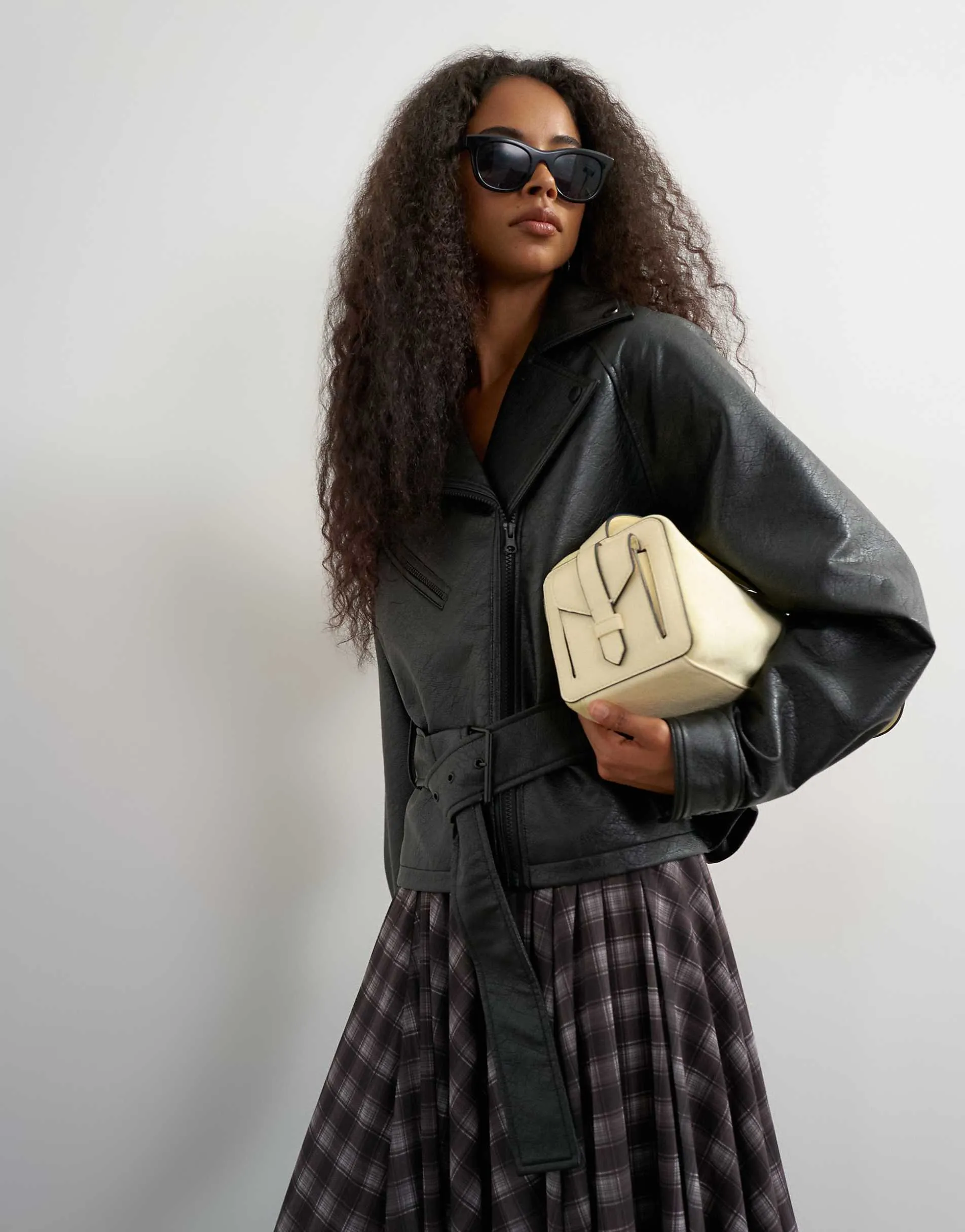 Topshop faux leather biker in black