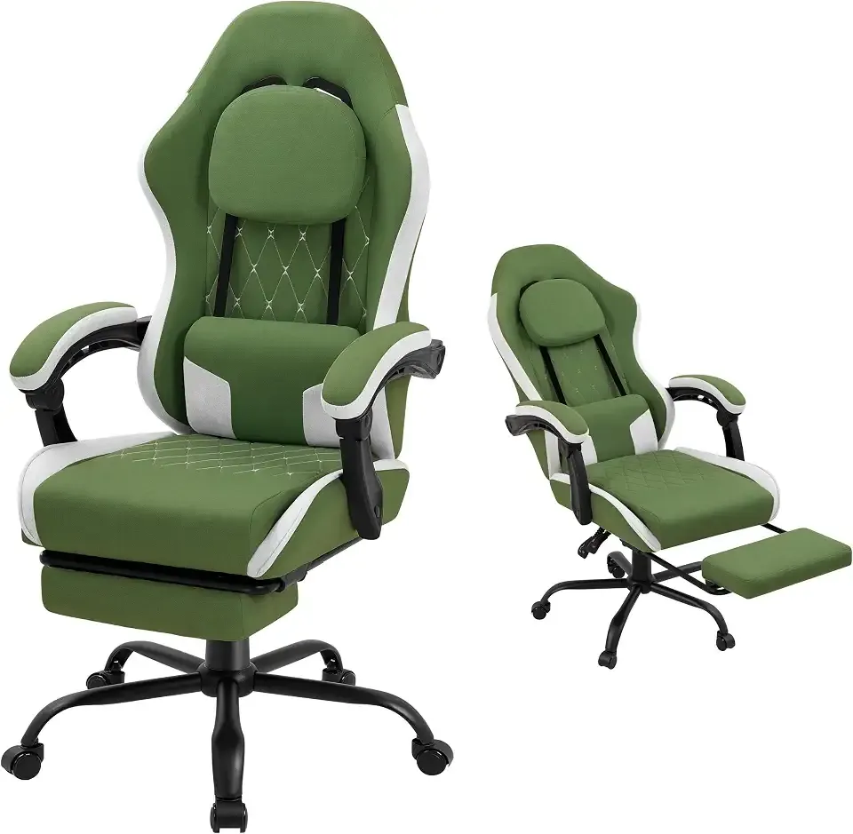 Gaming Chair for Adults, Fabric Gaming Chair with Footrest and Pocket Spring Cushion, Ergonomic Gamer Chair with Lumbar Support, Reclining Computer Gaming Chair with High Back, Dark Green