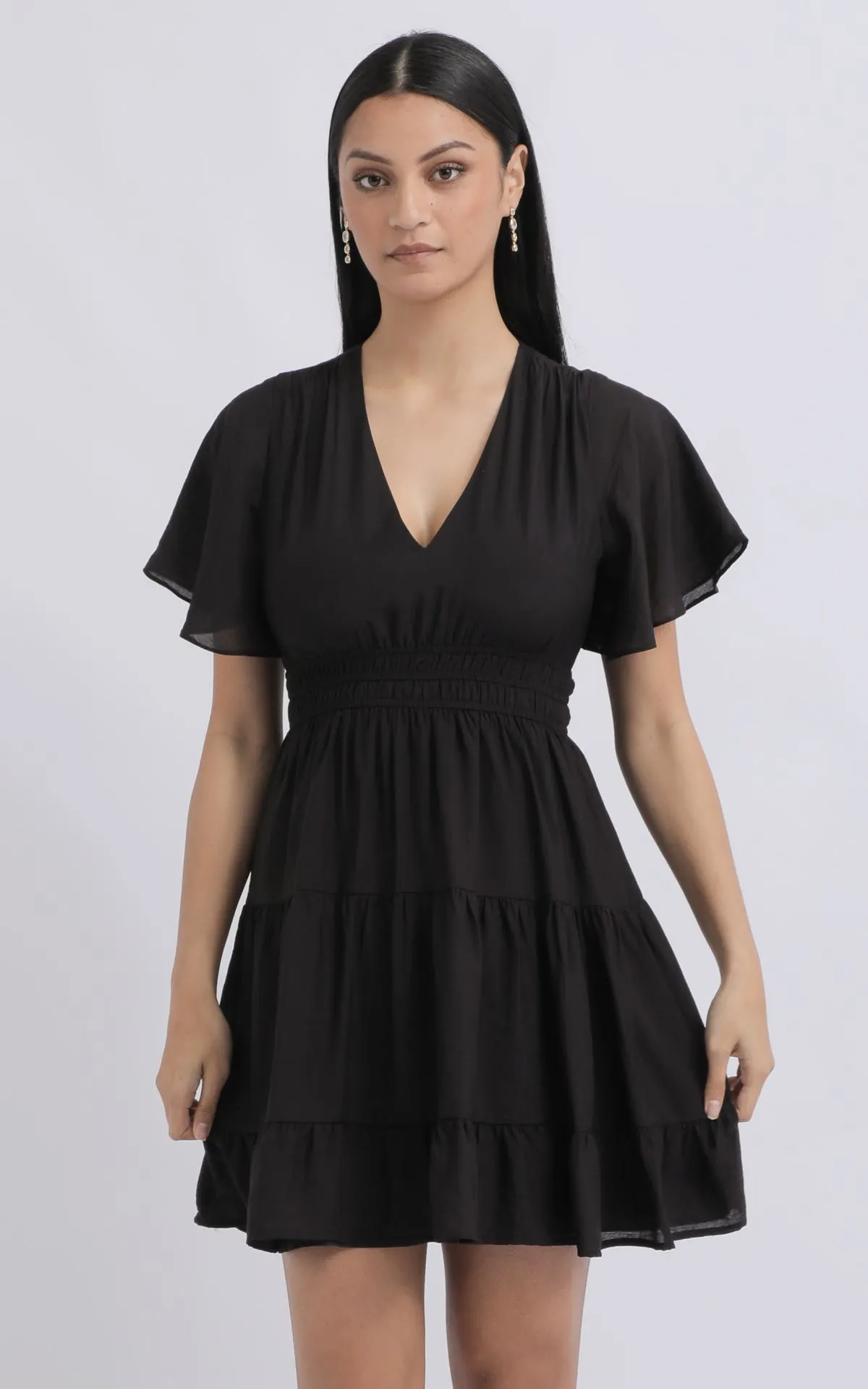 Voile Flutter Sleeve Short Tier Dress