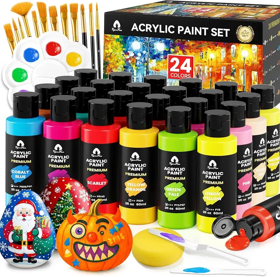 40 Pcs Acrylic Paint Set - 24 Colors (2oz/60ml) with 12 Brushes, 2 Knives & Palette - Rich Pigments for Adult, Artists & Beginners - Painting on Halloween Pumpkin Canvas Ceramic Rock Wood