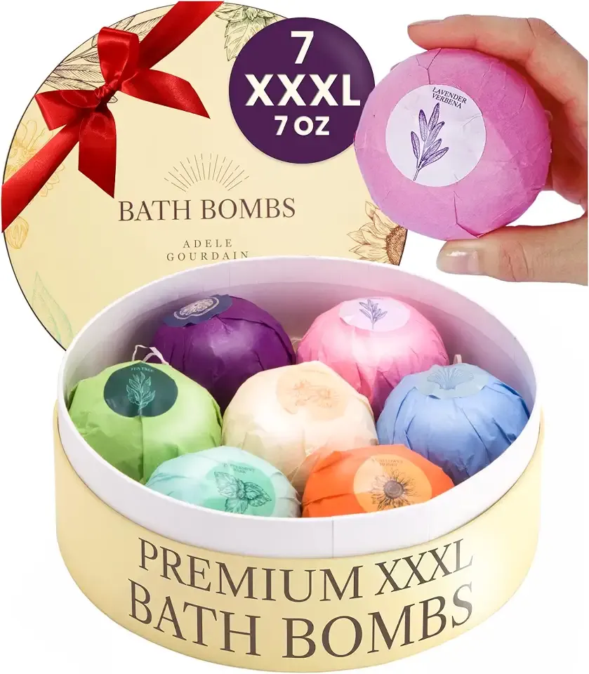 XXXL Bath Bombs for Women Gift Set, 7 Pack, Spa Scents, Adelegourdain | 7 Scents - Arrives in Gift Box - XXXL (200g) - Long-lasting Fizz & Scent - Non-Staining - For Birthdays, Mothersday and More
