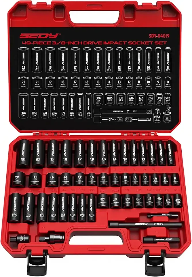 3/8" Drive Impact Socket Set - 49-Piece SAE (5/16 to 3/4 inch) and Metric (8-22mm) Sizes with Extension Bars and Universal Joint Standard & Deep CR-V Material for High Durability Impact Wrench