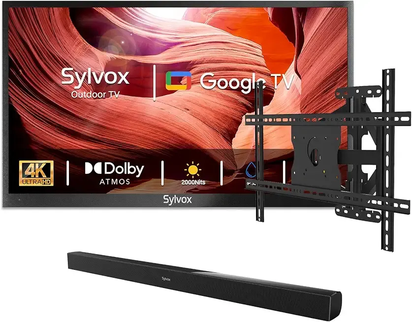 SYLVOX Outdoor TV with Soundbar & Mount, 75 inch 2000 Nit High Brightness Smart Outdoor TVs, 4K Sunlight Readable Display, IP55 Waterproof, Smart TV for Outdoor Households or Commercial Places
