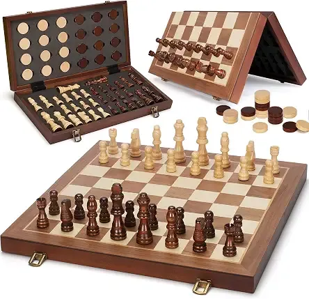 2 in 1 Magnetic Chess Set & Checkers Board Game, 15" Wooden Folding Chess Board with 2 Extra Queens, Portable Travel Chess Set with Pieces Storage Slots, Beginner Chess Board Game for Adults & Kids