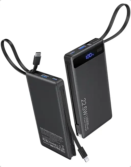 Power Bank with 2 Built-in Cables 10000mAh, 22.5W PD Slim Portable Charger USB C Battery Pack, Travel Essentials Fast Charging Powerbank Compatible with iPhone 17 16 15 14 Plus Pro Samsung iPad etc