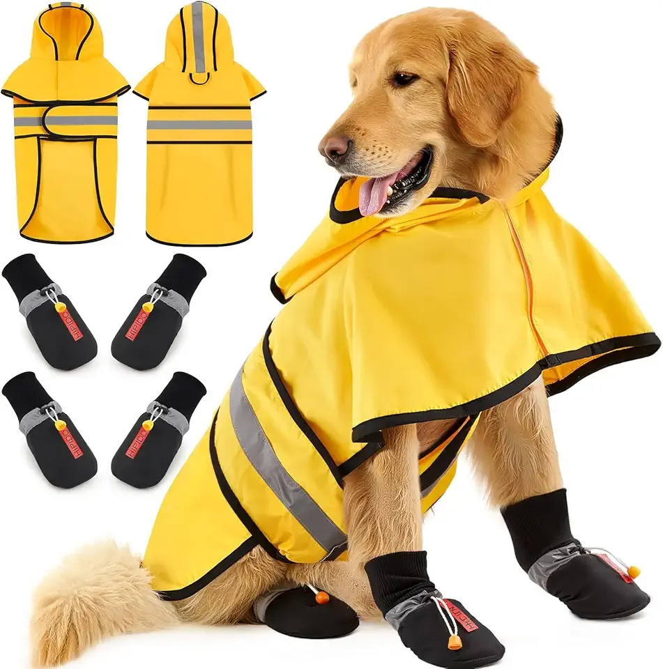 Dog Raincoat and Shoes for Weighing 35-50lbs, Spring Summer Waterproof Dogs Boots & Paw Protectors, Adjustable Pet Poncho with Leash Hole for Large Medium Small Dogs, Yellow(Single Side)