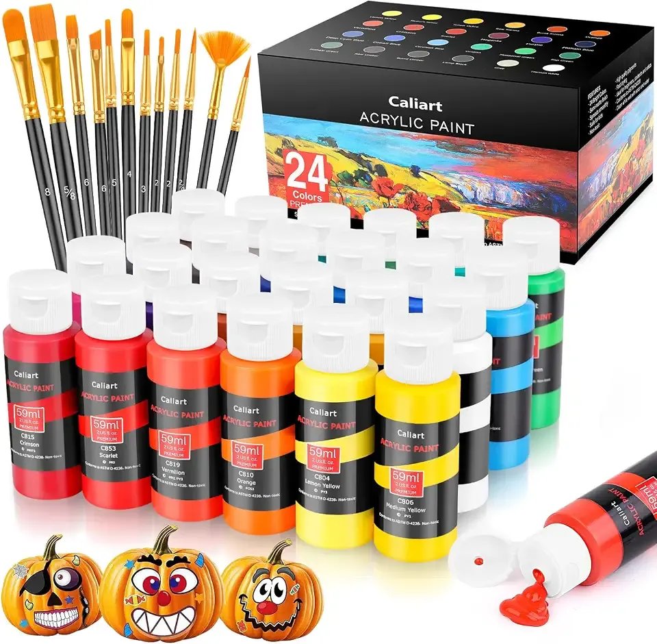 Caliart Acrylic Paint Set of 24 Colors with 12 Brushes