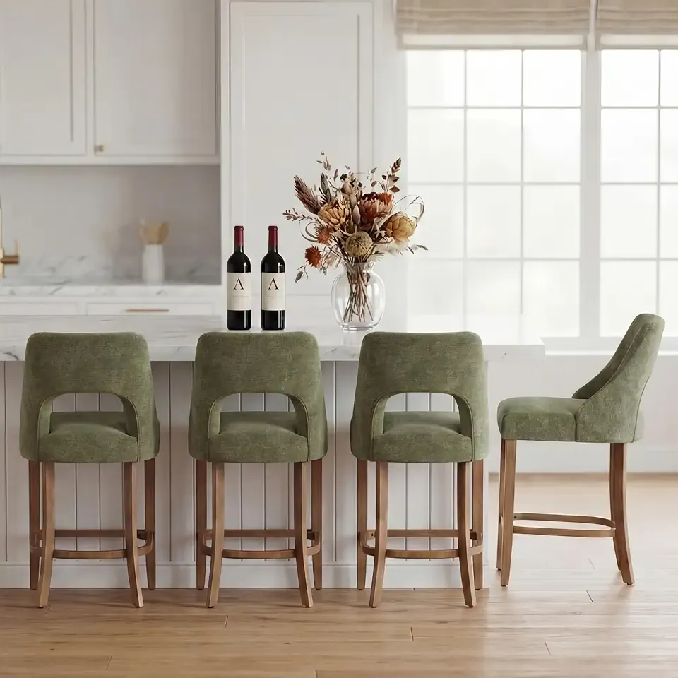 UVV Bar Stools Set of 4, Upholstered Counter Height Bar Stools, Modern Counter Stools with Wood Legs for Kitchen Island Dining Room Bar, Green