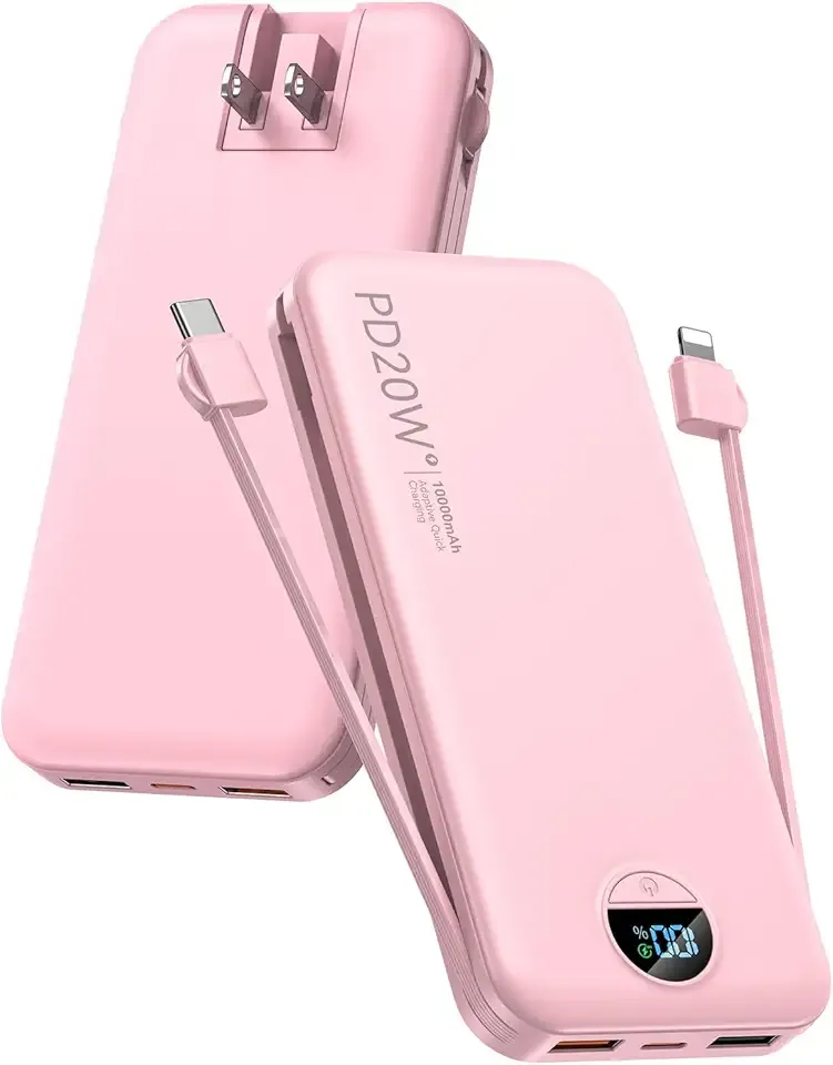 citicr Portable Charger, 10000mAh PD20W Fast Charging Power Bank with Built-in Cables & Wall Plug, External Battery with LED Display, Travel Battery Bank for iPhone, iPad, Samsung Fairy Pink