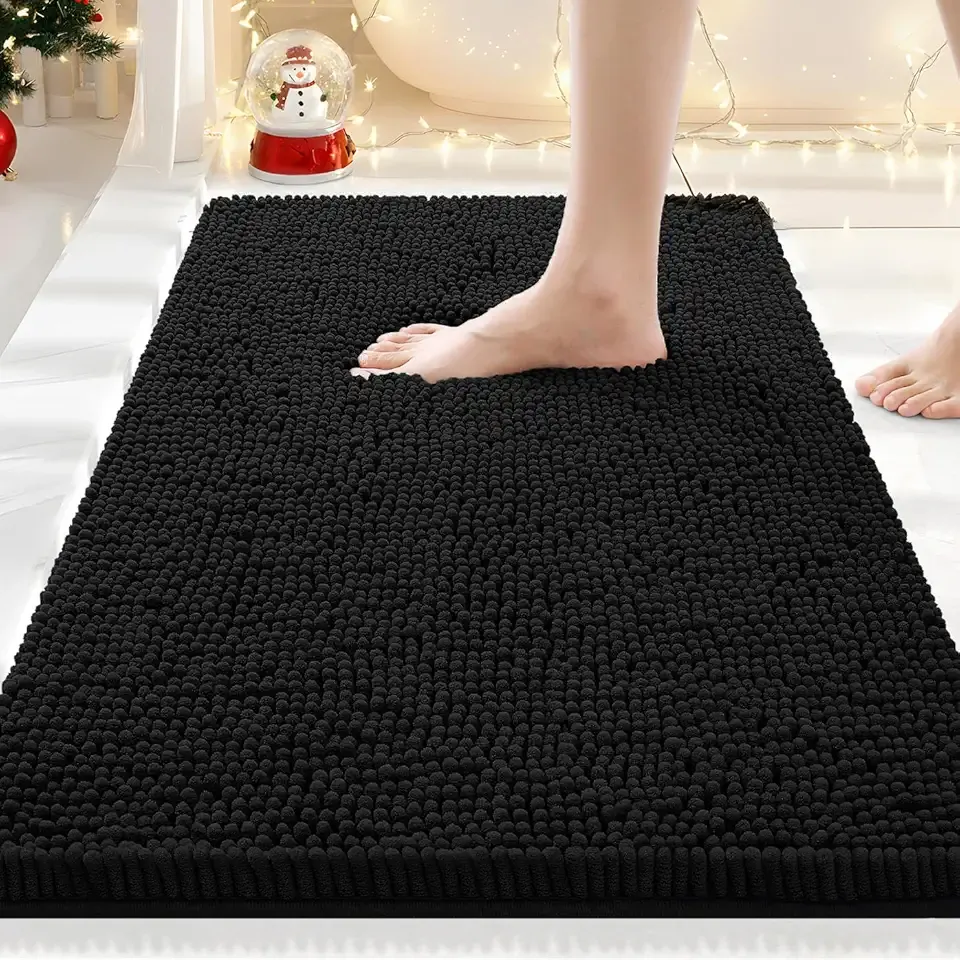 Smiry Luxury Chenille Bathroom Rugs 30x20, Extra Soft and Absorbent Shaggy Bath Mat, Machine Washable, Non-Slip Plush Carpet Runner for Tub, Shower, and Floor, Home Decor Accessories, Black
