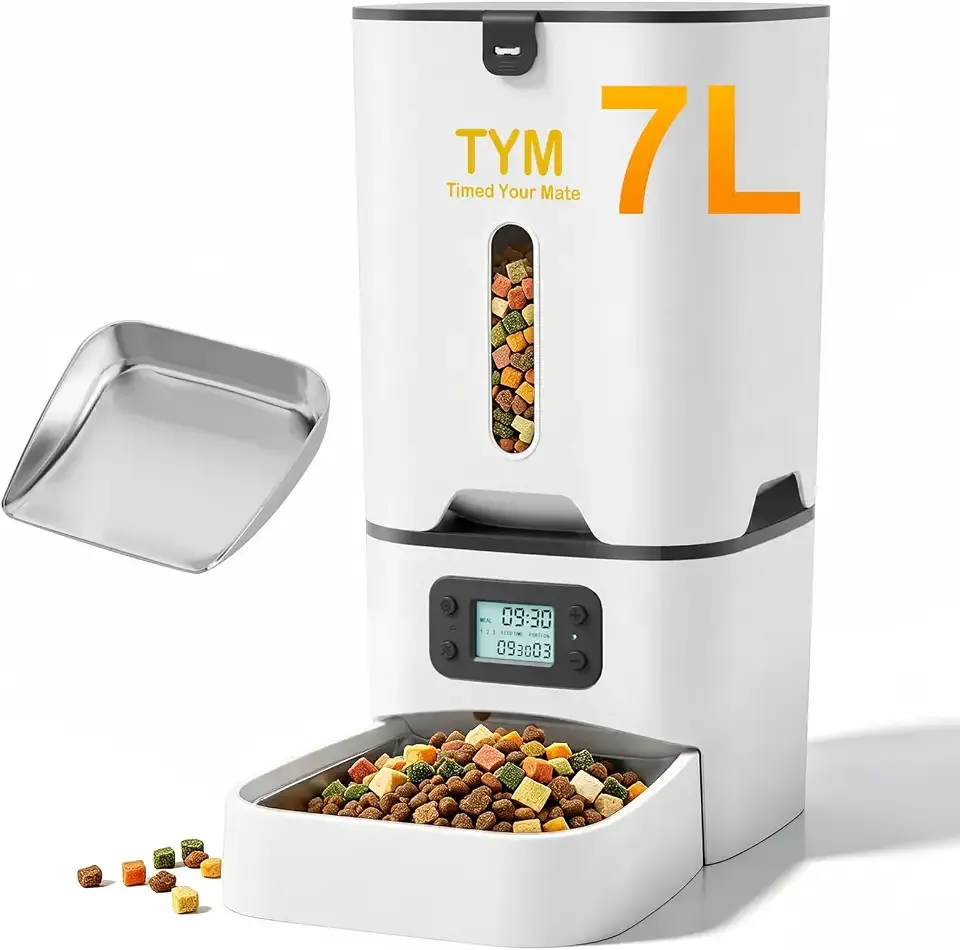 Automatic Cat Feeder 7L, 9 Meals/Day Food Dispenser for Cats Small Dog Pet | Large Capacity | NO APP | Programmable Timer | Weight / Diet Control | Stainless Steel Bowl | Fresh Food | Dual Power Supply