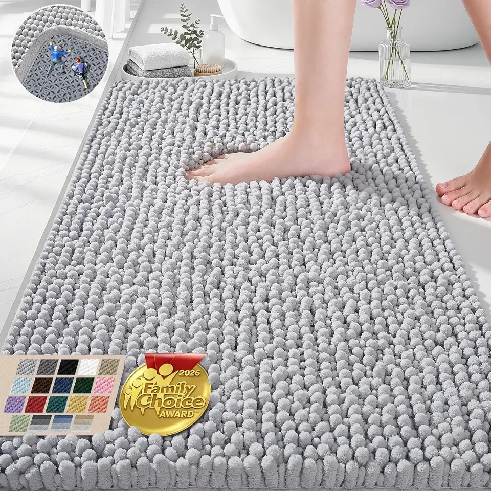 Ophanie Grey Bathroom Rugs 30x20, Soft Chenille Bath Mat, Non Slip Absorbent Quick Dry Light Gray Mats, Machine Washable Thick Small Area Rug Sets,Grip Bathmat for Shower,Toilet,Sink and Indoor Floor